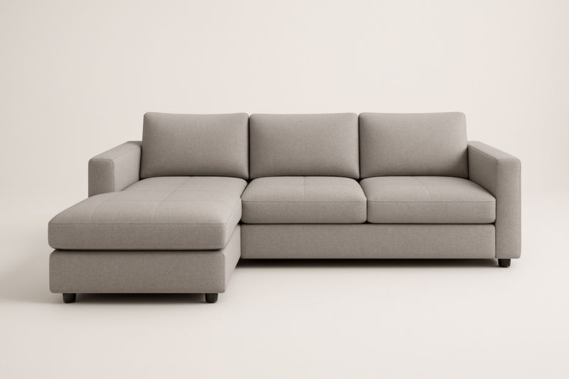 Divano angolare in tessuto grigio con struttura in legno 258x160 cm