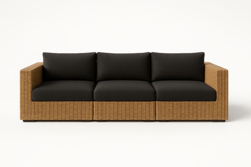 Divano modulare in rattan sintetico beige con cuscini neri 3 posti