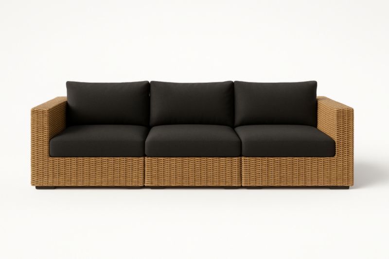 Divano modulare in rattan sintetico beige con cuscini neri 3 posti