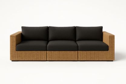 Divano modulare in rattan sintetico beige con cuscini neri 3 posti