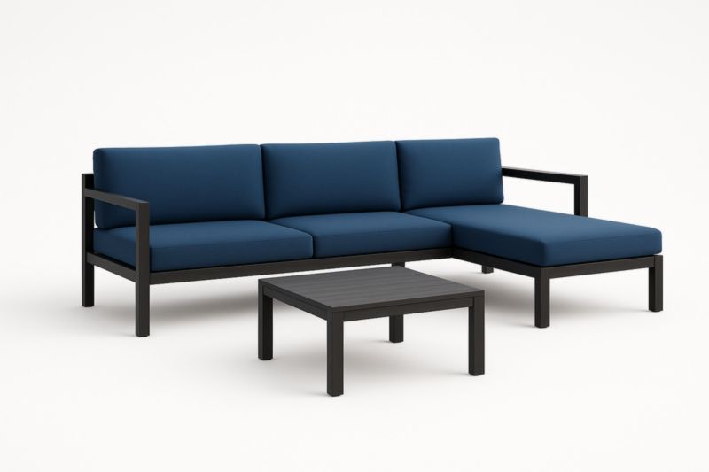 Set divano angolare da esterno in acciaio e poliestere blu con tavolino