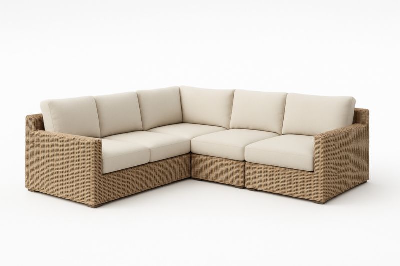 Divano angolare modulare in rattan sintetico con cuscini in tessuto beige