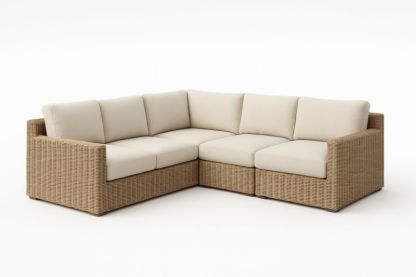 Divano angolare modulare in rattan sintetico con cuscini in tessuto beige