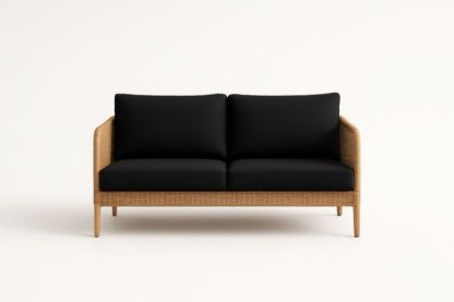 Divano a due posti in rattan con cuscini neri