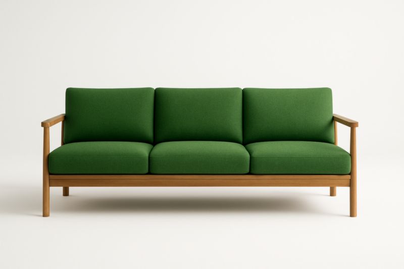 Divano tre posti in legno e tessuto verde