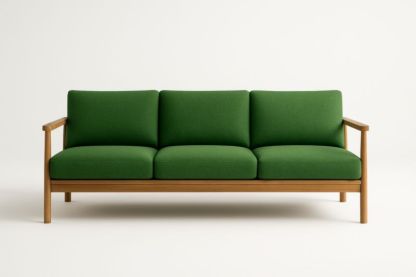 Divano tre posti in legno e tessuto verde