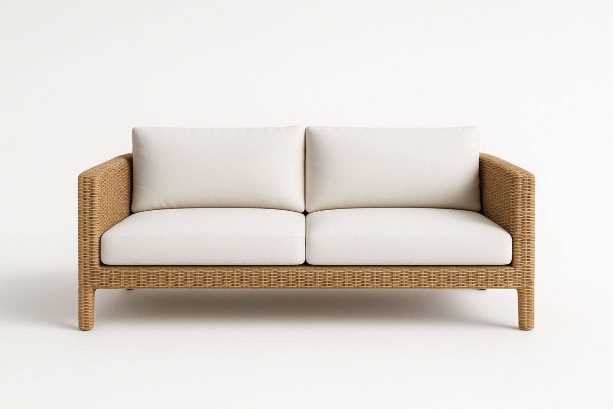 Divano Due Posti in Rattan Sintetico Beige con Cuscini