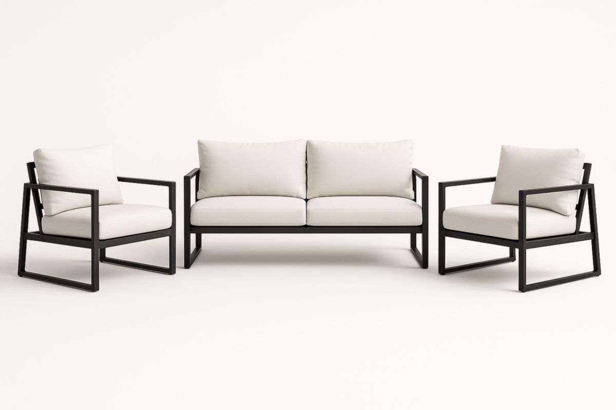 Set divano 3 posti e 2 poltrone alluminio cuscini tessuto bianco