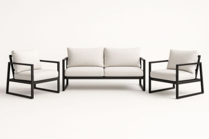 Set divano 3 posti e 2 poltrone alluminio cuscini tessuto bianco