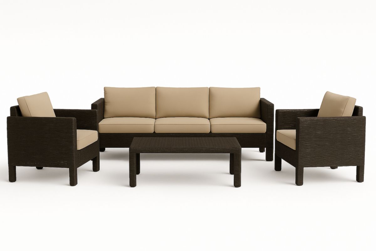 Set salotto da giardino in rattan marrone con cuscini beige