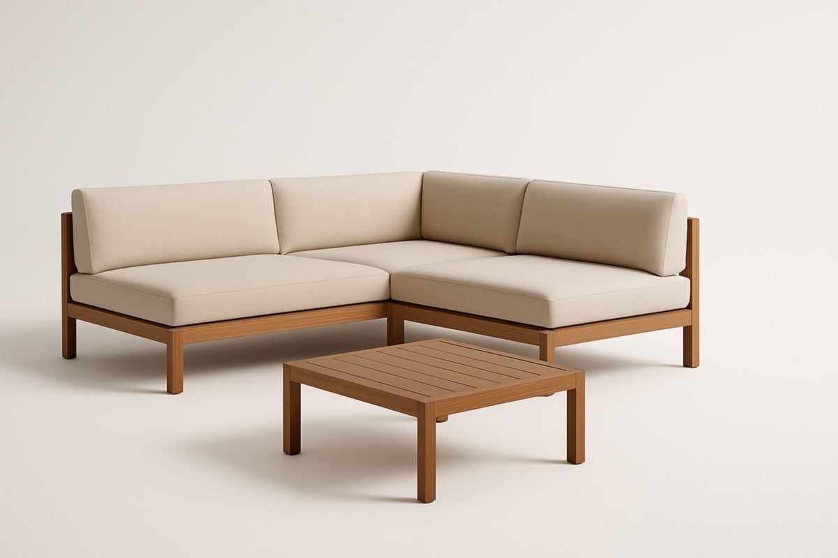 Divano ad angolo con tavolino legno tessuto beige lunghezza 200 cm