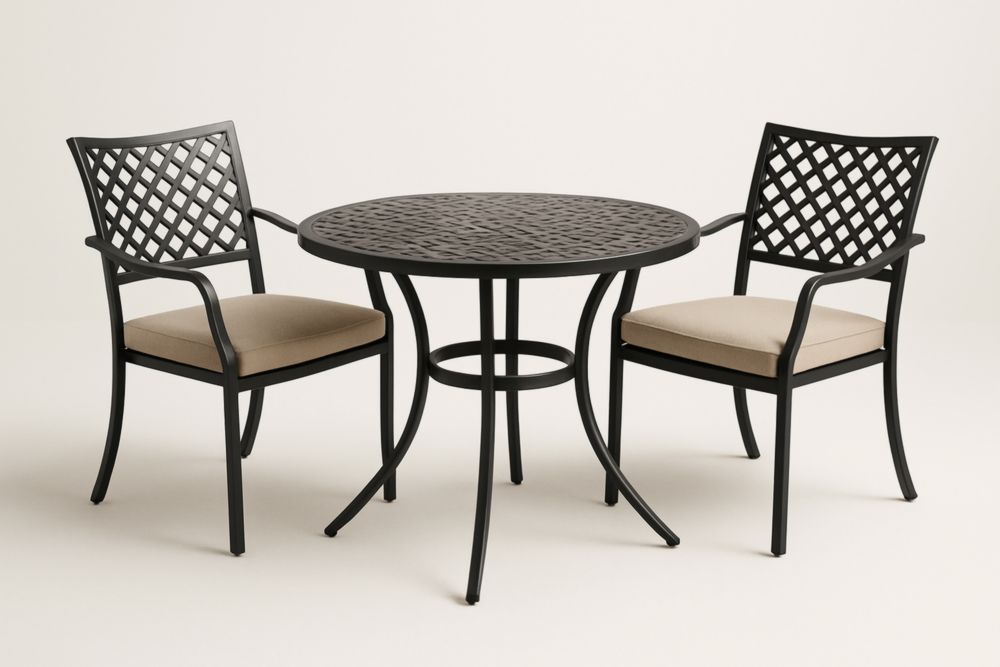 Set da Giardino acciaio Nero Tavolo Rotondo con Cuscini