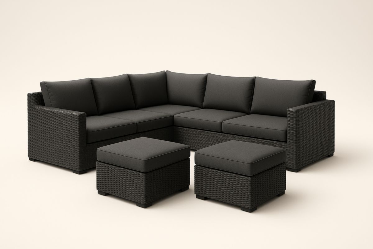 Divano modulare da esterno in resina intrecciata con cuscini in poliestere