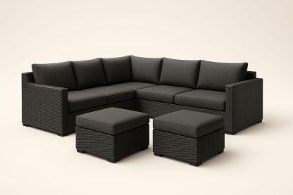 Divano modulare da esterno in resina intrecciata con cuscini in poliestere