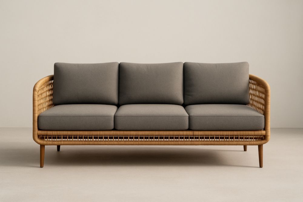 Divano da giardino in rattan e tessuto di poliestere grigio