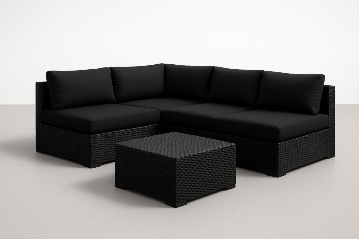 Set Divano da Esterno in Rattan Sintetico con Tavolino e Cuscini Neri