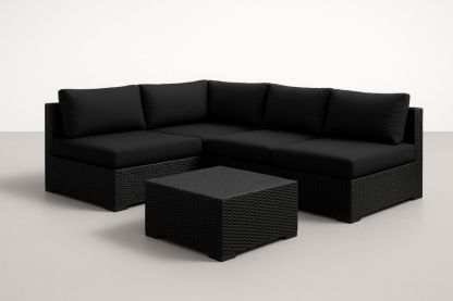 Set Divano da Esterno in Rattan Sintetico con Tavolino e Cuscini Neri