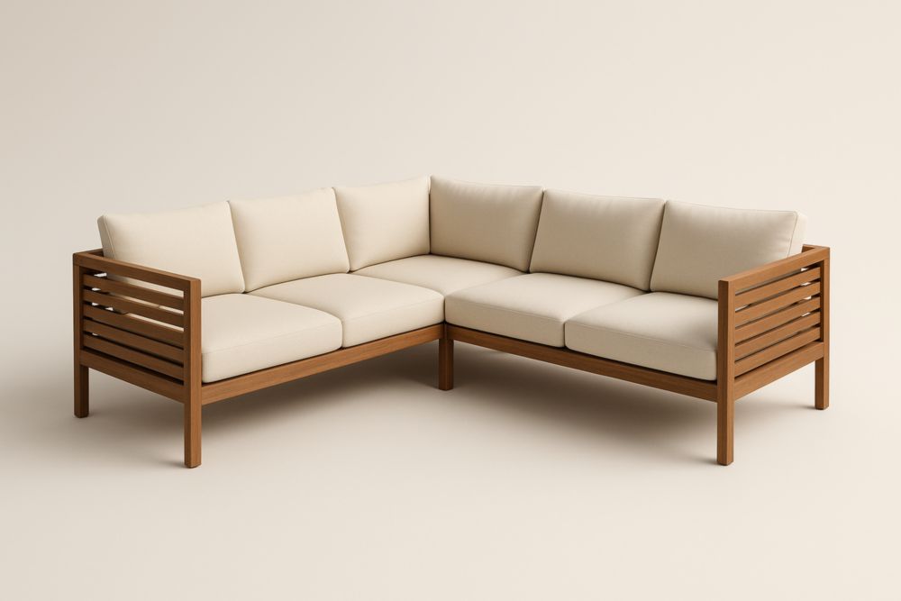 Divano da giardino angolare in legno massello e tessuto di poliestere crema