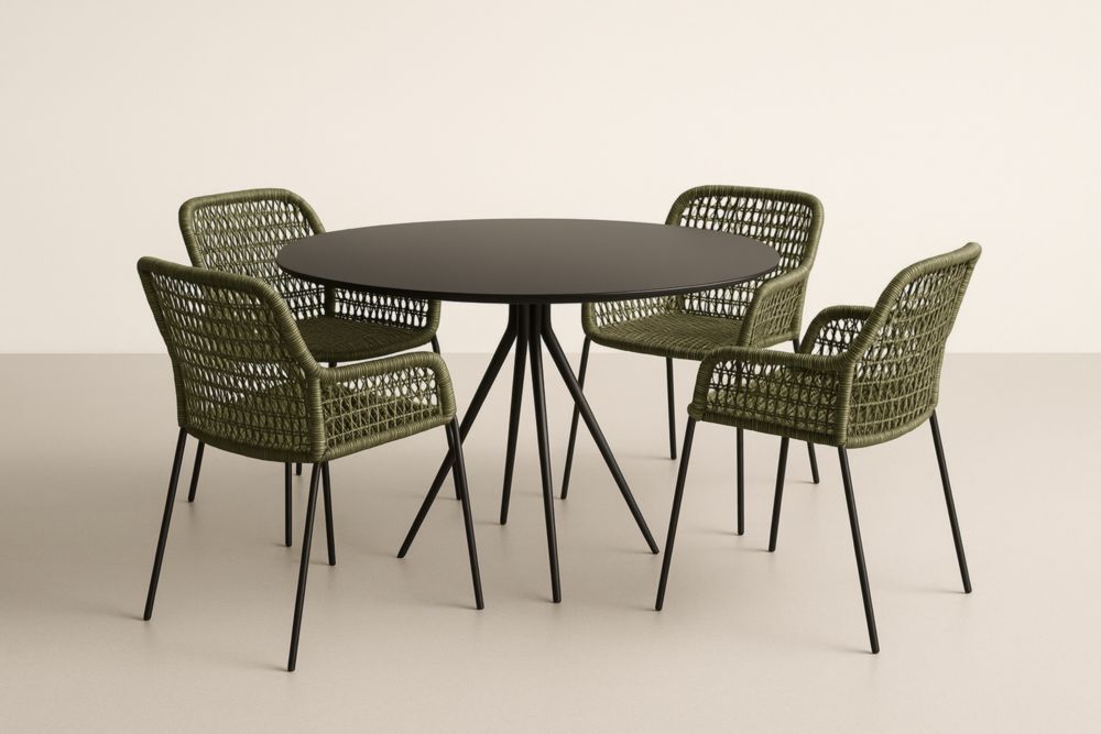 Set tavolo rotondo nero in acciaio Ø120 cm con 4 sedie in rattan sintetico verde