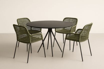 Set tavolo rotondo nero in acciaio Ø120 cm con 4 sedie in rattan sintetico verde
