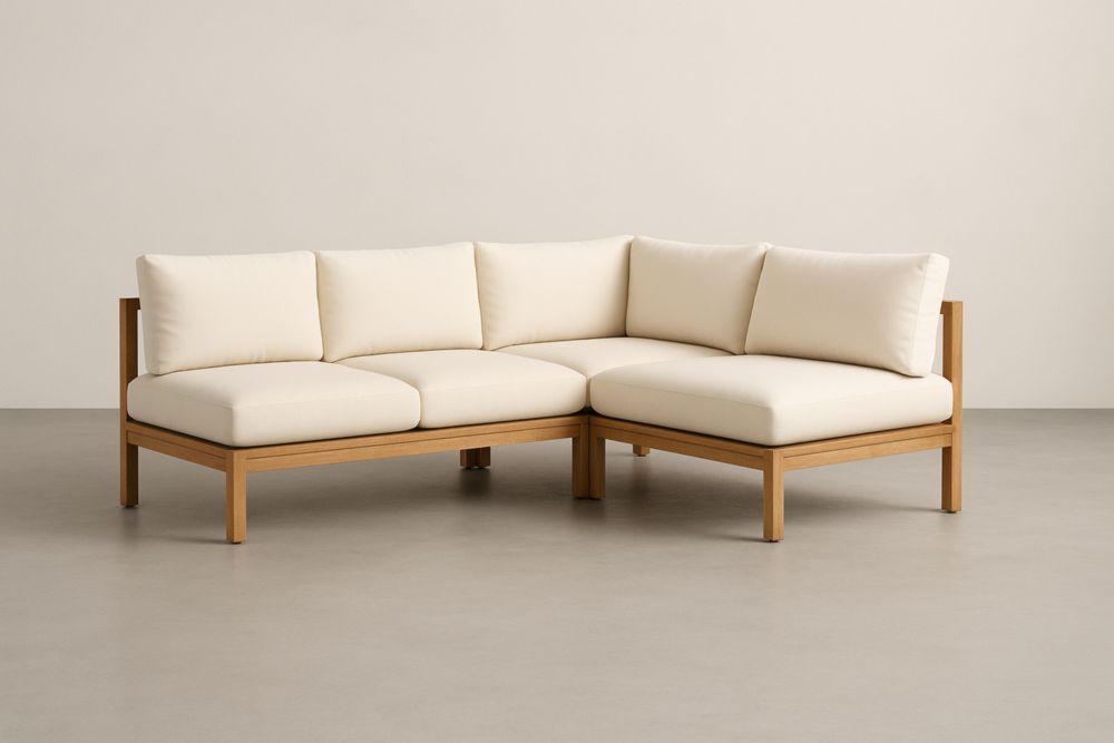 Divano angolare da giardino in legno massello e tessuto di poliestere crema