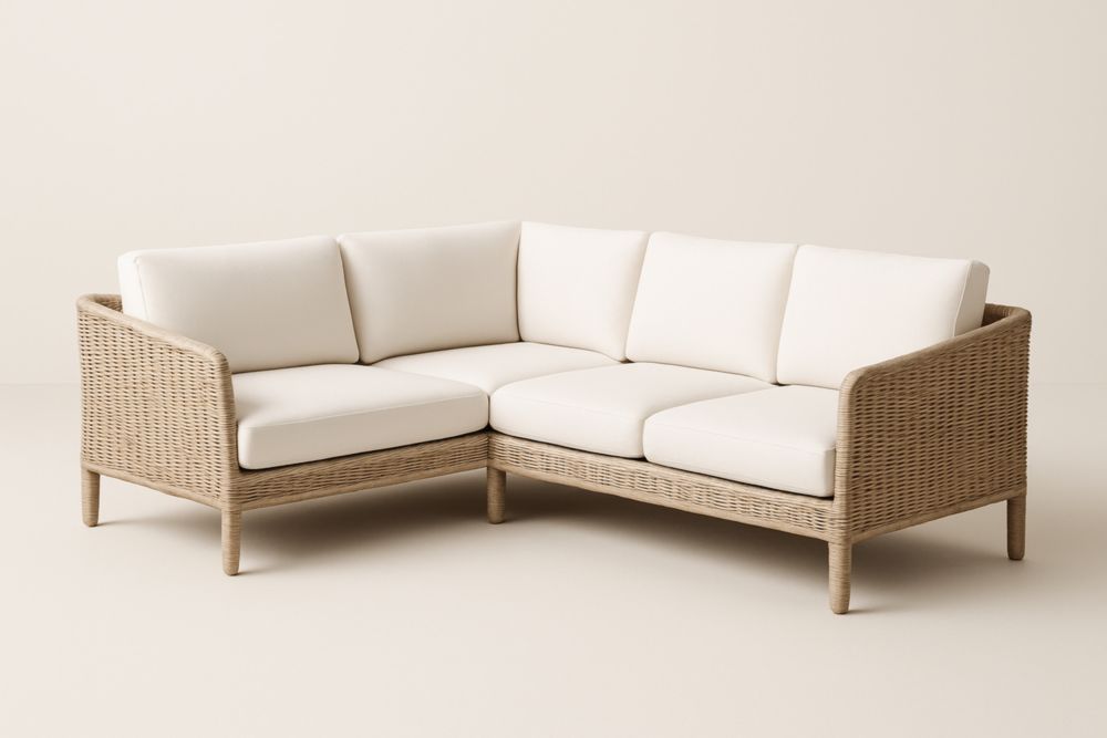 Divano angolare da giardino in rattan e tessuto di poliestere bianco