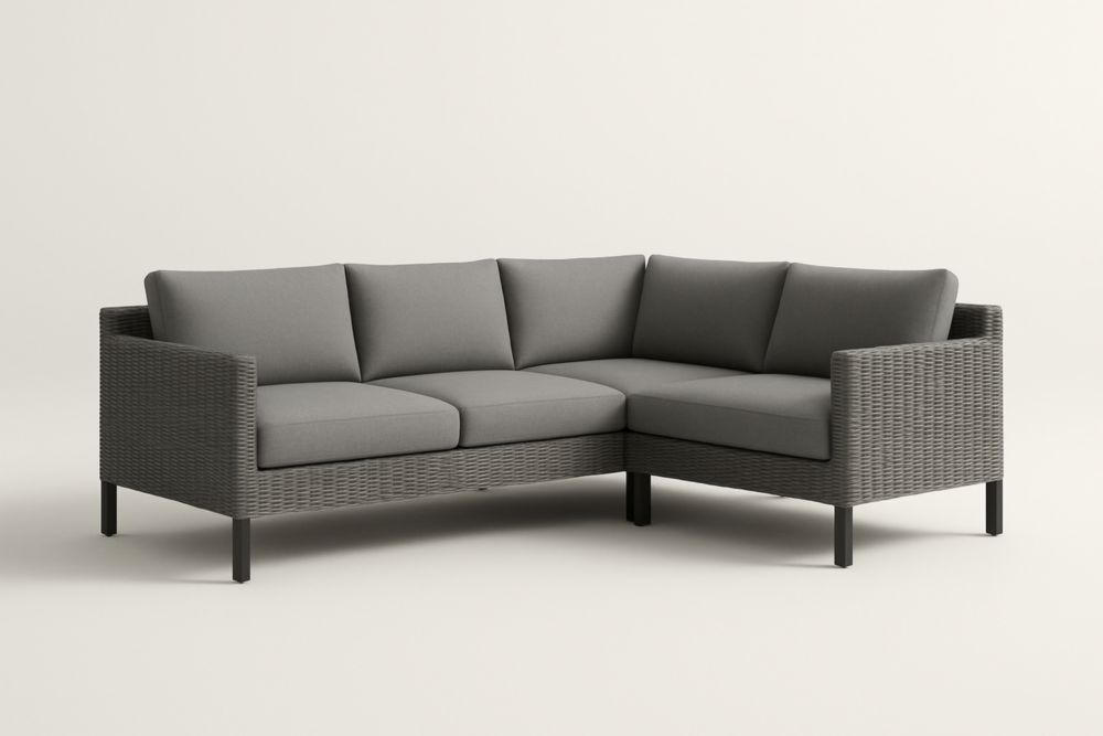 Divano angolare da giardino in rattan sintetico grigio con cuscini in tessuto di poliestere