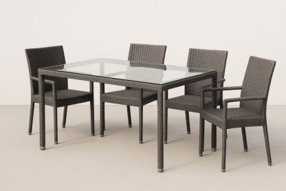 Set Tavolo da Pranzo con Piano in Vetro e Sedie in Rattan Grigio