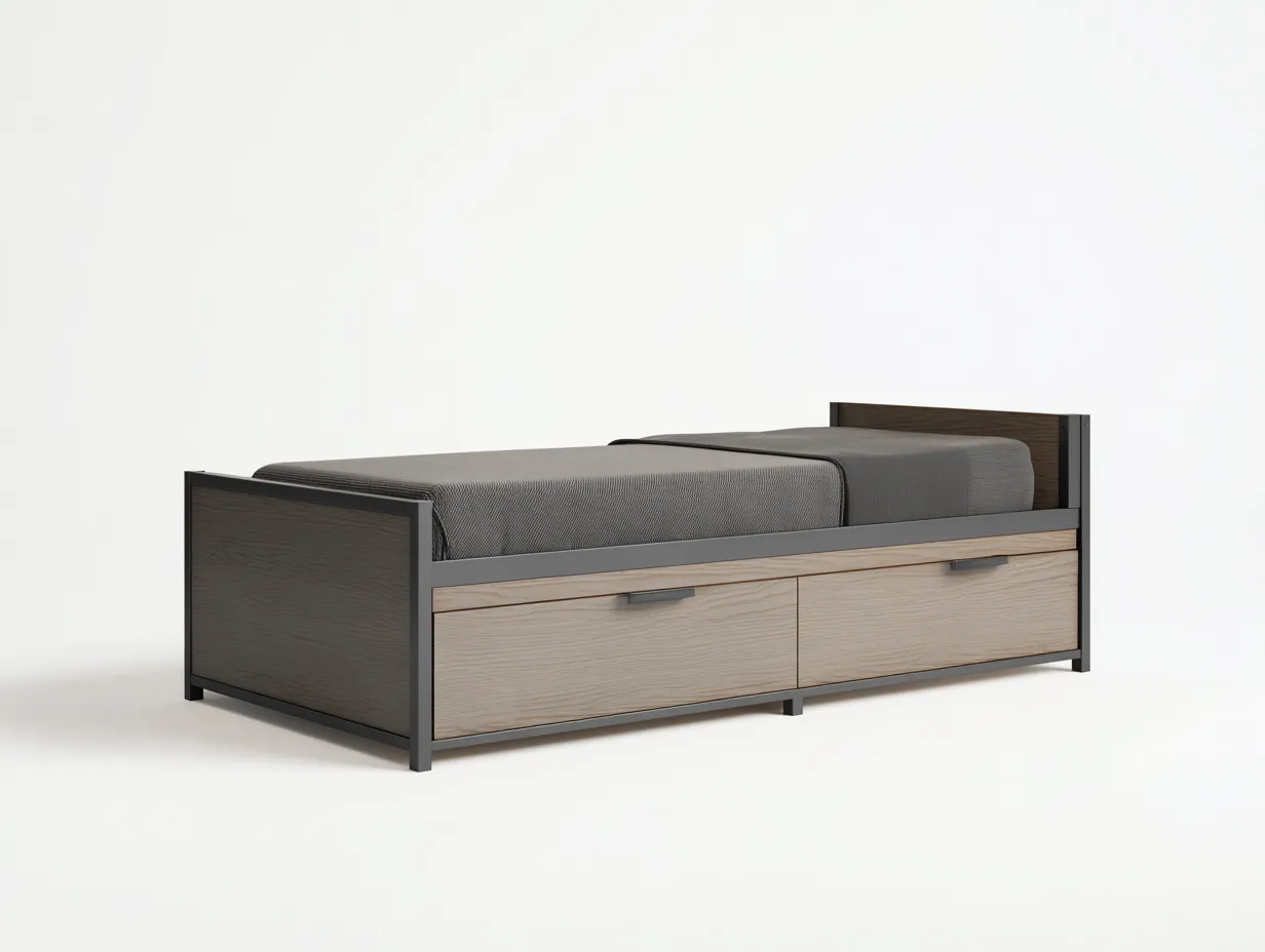 Cama individual con estructura metálica 200x100x85 cm - gris claro - con espacio de almacenamiento - diseño moderno