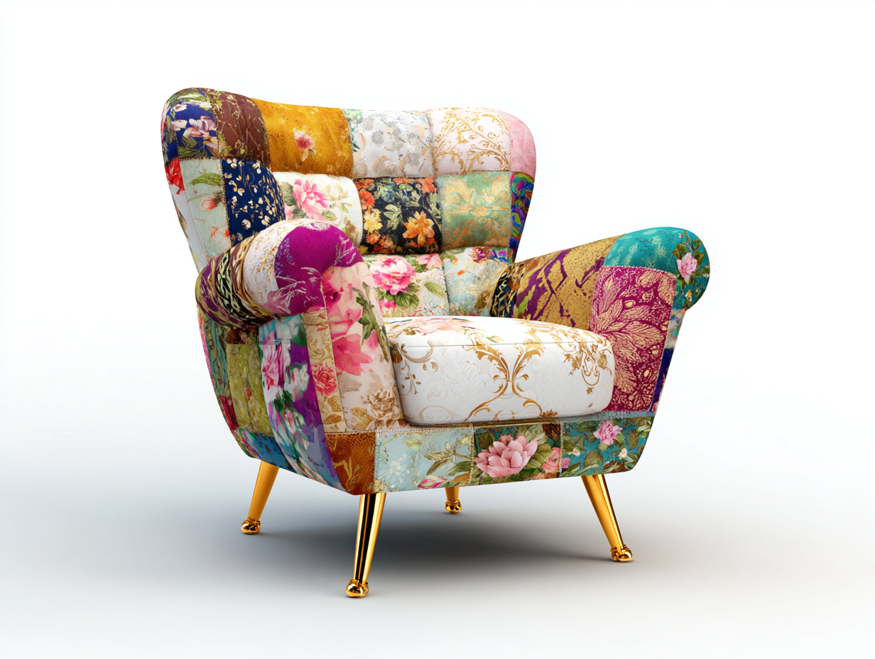 Sillón tapizado de tela - tejido patchwork - 78x80x95 cm - multicolor - para salón - diseño decorativo