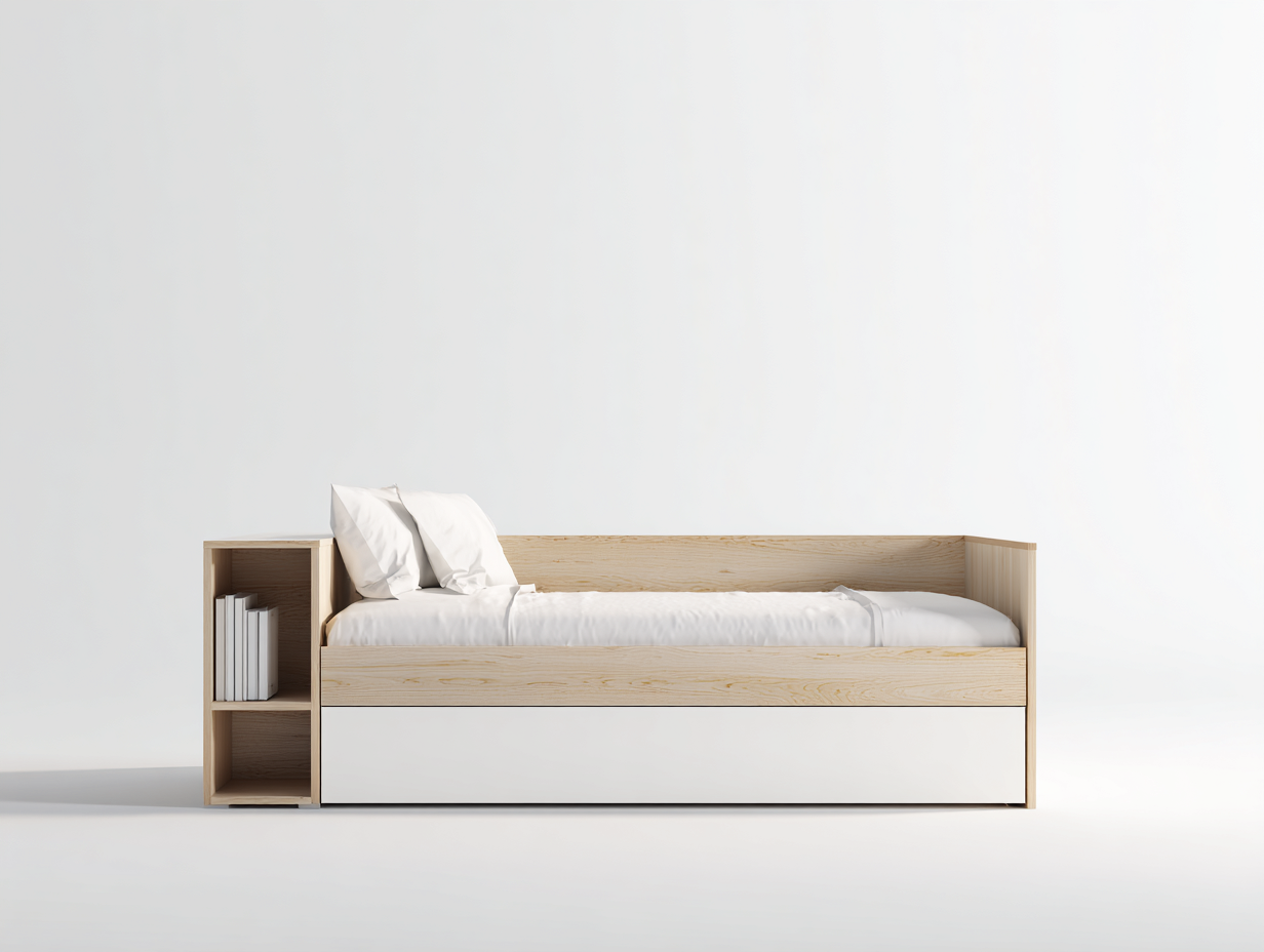 Cama individual de madera - estructura de madera - 205x90x80 cm - color madera natural - para dormitorio - diseño moderno con estantería integrada