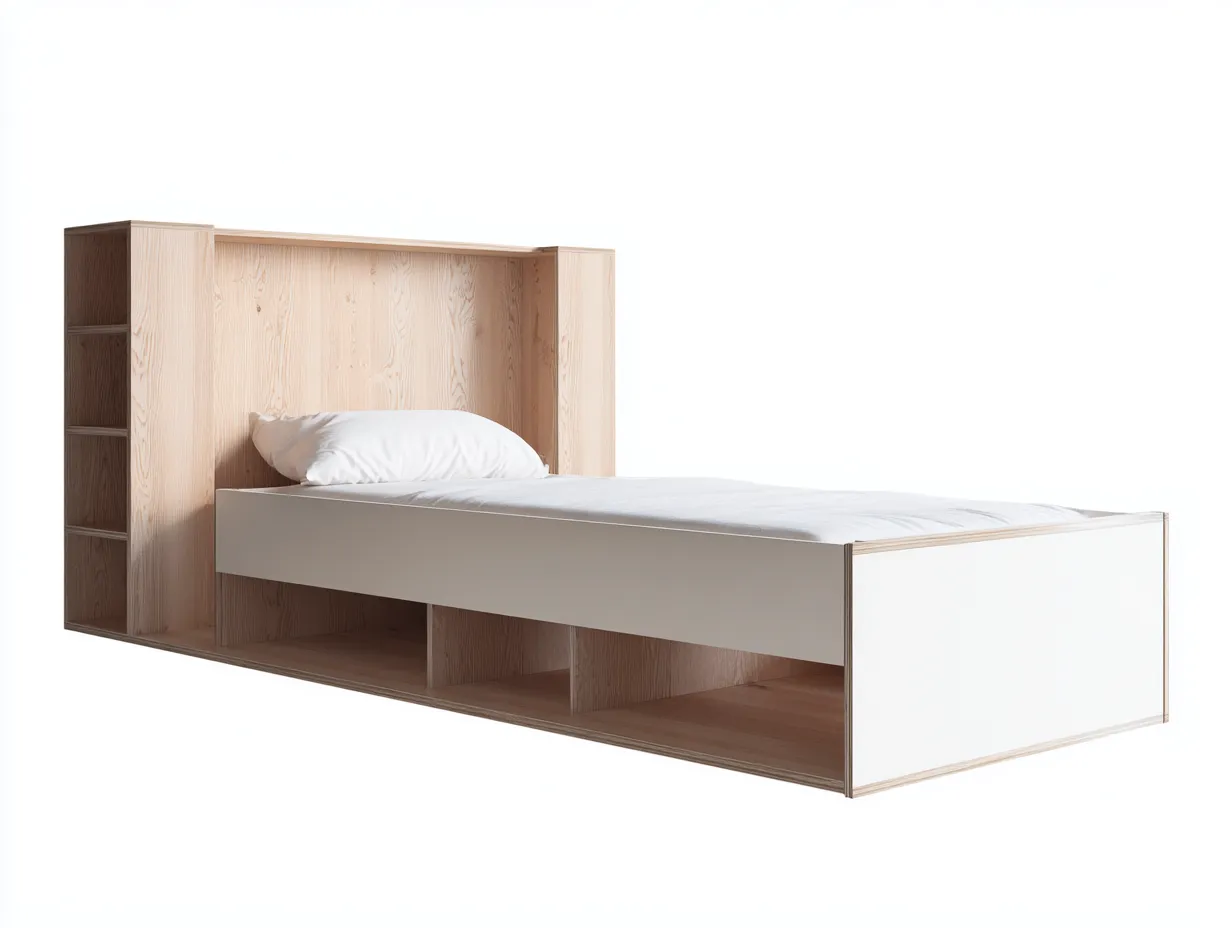 Cama individual con estructura de madera 205x100x105 cm - madera clara/blanco - con espacio de almacenamiento - diseño moderno