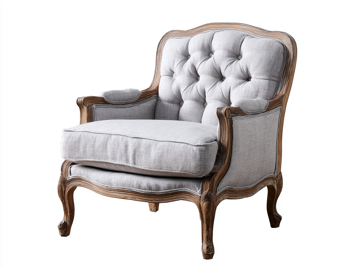 Sillón tapizado de tela - lino y madera - 72x78x96 cm - gris claro - para salón - estilo clásico