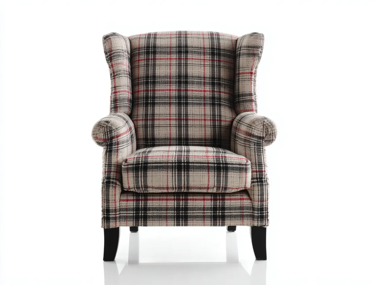 Sillón tapizado de tela - tejido a cuadros - 76x82x102 cm - beige/negro/rojo - para salón - estilo clásico