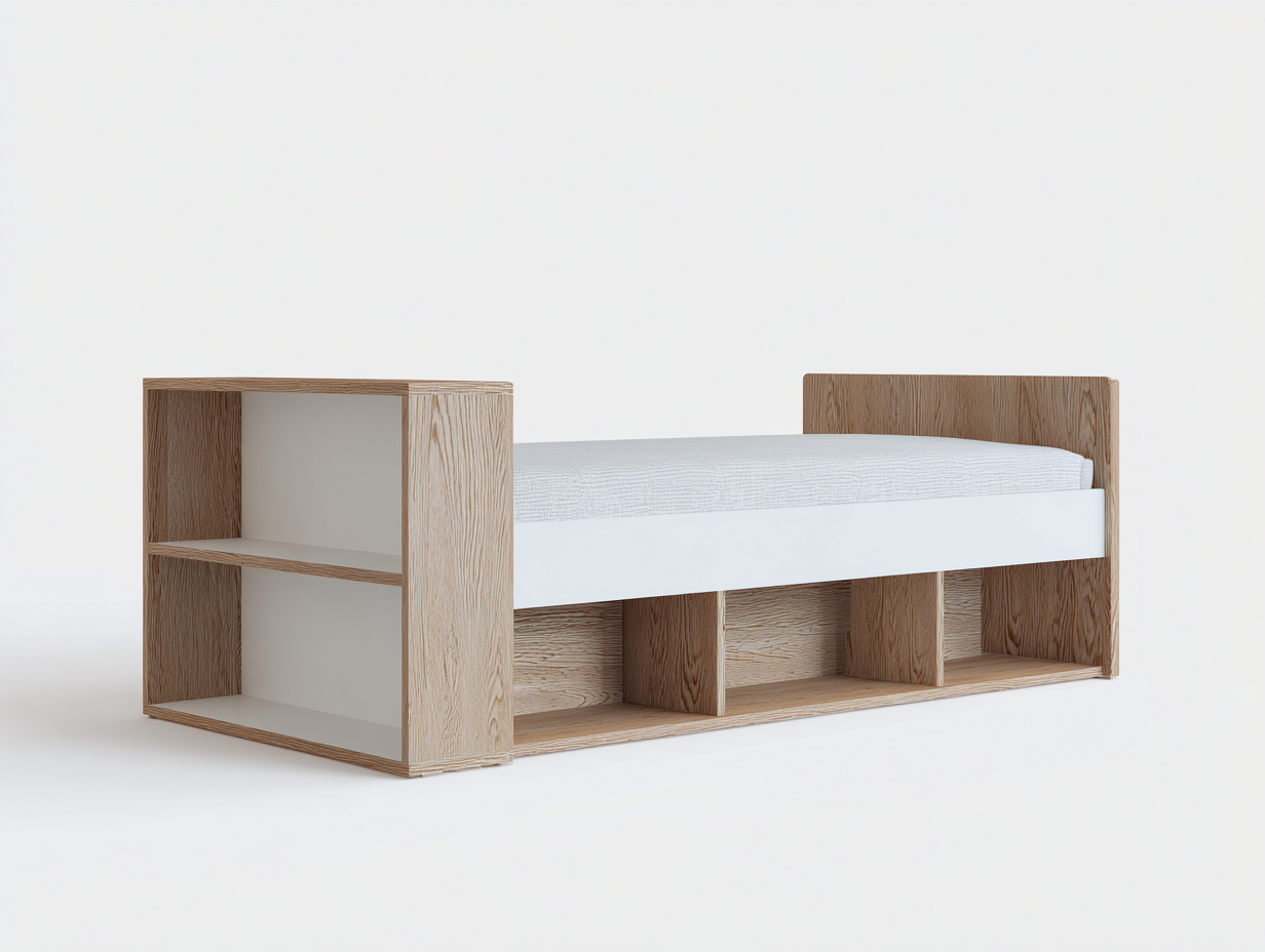 Cama individual de madera - estructura de madera - 205x90x95 cm - madera natural/blanco - para dormitorio - diseño moderno con almacenaje integrado