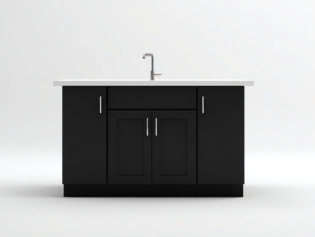 Isla de cocina madera y superficie de resina 150x65x90cm - negro/blanco - con almacenamiento cerrado para cocina-Luxeovae