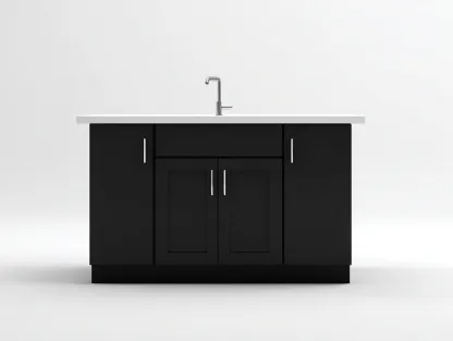 Isla de cocina madera y superficie de resina 150x65x90cm - negro/blanco - con almacenamiento cerrado para cocina-Luxeovae