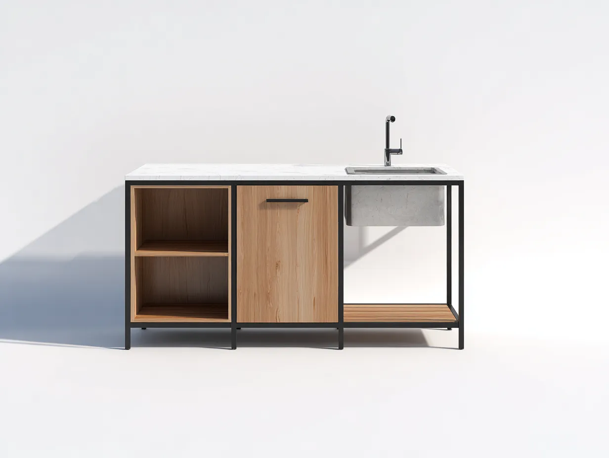 Isla de cocina metal y madera 150x60x90cm - negro/color madera natural/gris claro - apta para cocina - diseño moderno-Luxeovae