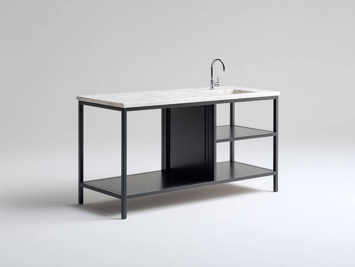 Isla de cocina acero y mármol 150x60x90cm - blanco/negro - con estantería abierta para cocina-Luxeovae