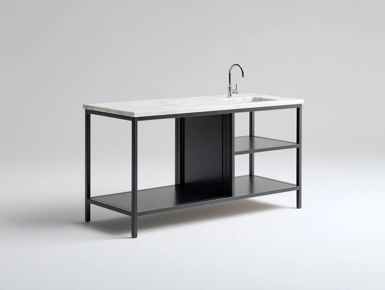 Isla de cocina acero y mármol 150x60x90cm - blanco/negro - con estantería abierta para cocina-Luxeovae