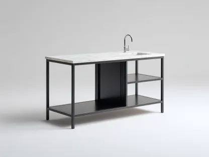 Isla de cocina acero y mármol 150x60x90cm - blanco/negro - con estantería abierta para cocina-Luxeovae