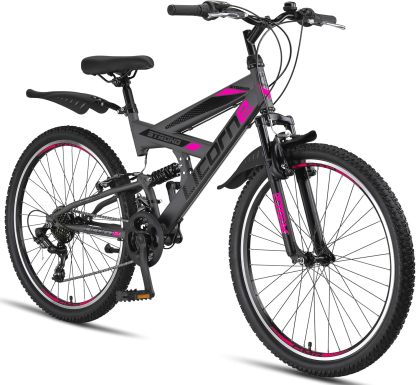 Licorne Bike Premium Mountain Bike Strong da 26 pollici, bicicletta per ragazzi, ragazze, donne e uomini, con cambio Shimano a 21 marce, sospensioni complete-Homelyive