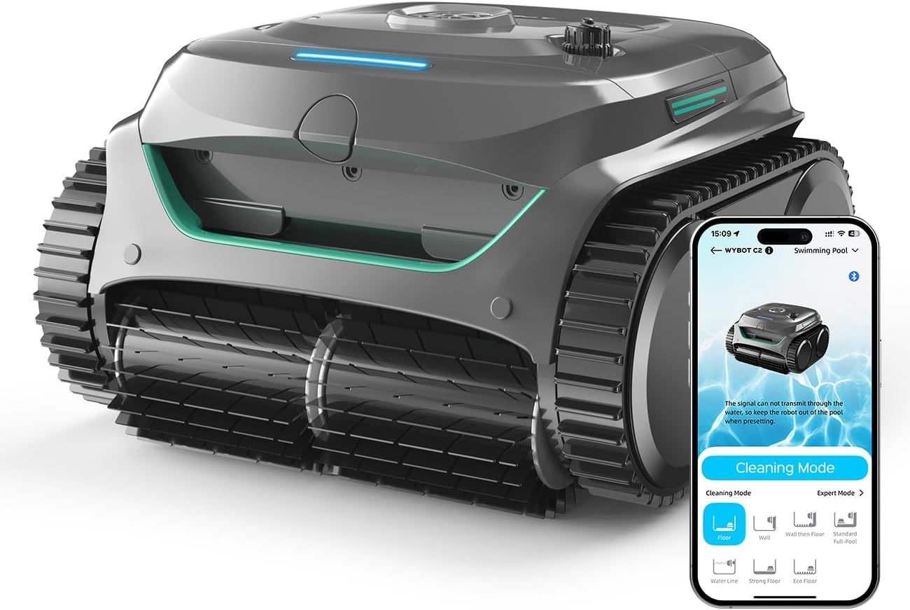 WYBOT C2 Robot Piscine Pareti e Fondo, Senza Fili per Piscine Interrate 150 m2, Doppia Filtrazione, 3 Motori, Aspirazione Potente, Pulizia Pareti e Linea dAcqua, 180 Min, App Grigio-Verde Grigio-Homelyive