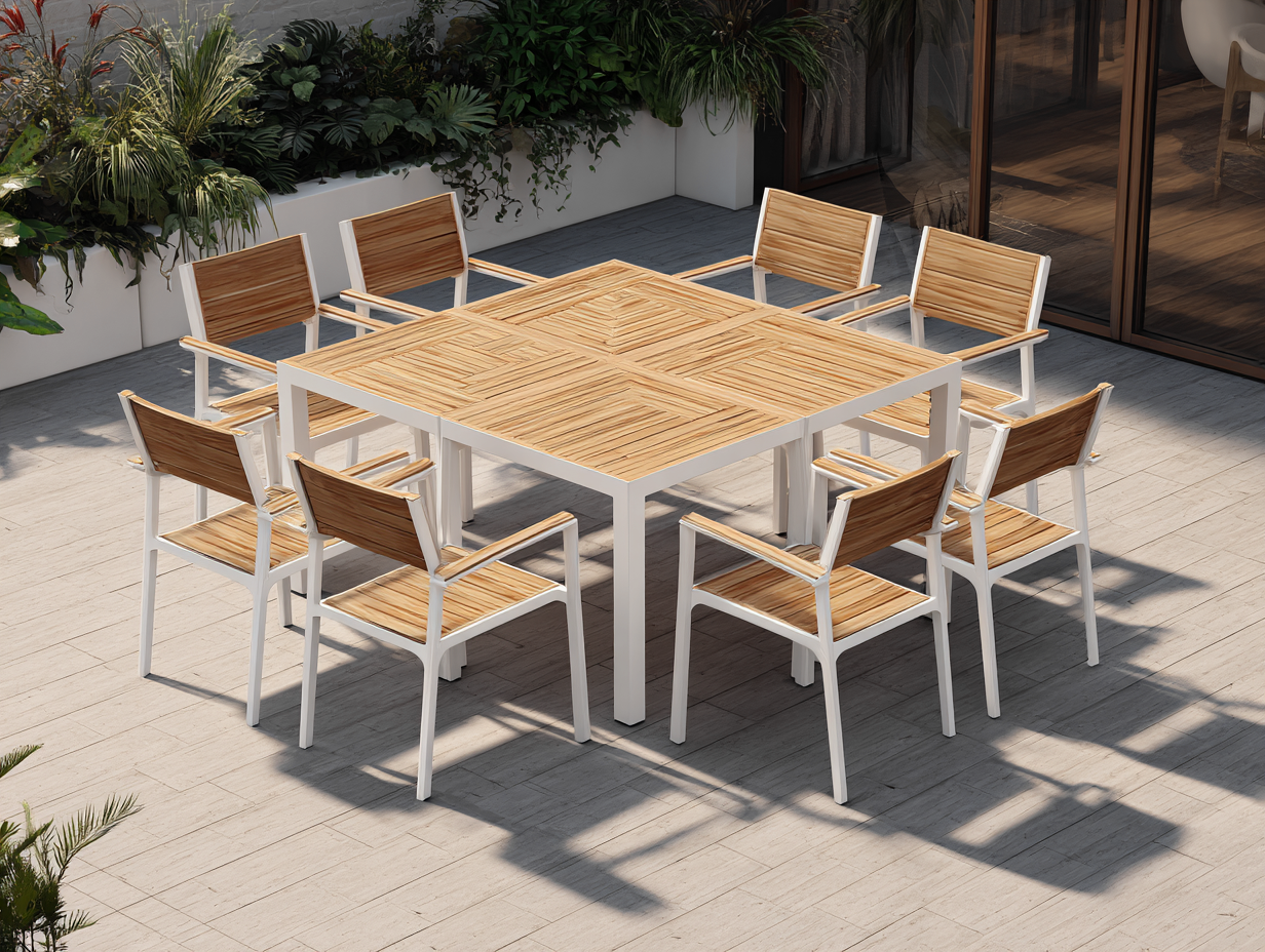 Conjunto de comedor de exterior en madera y metal - mesa 200x200x75cm - blanco/madera natural - para jardín y exteriores - diseño moderno
