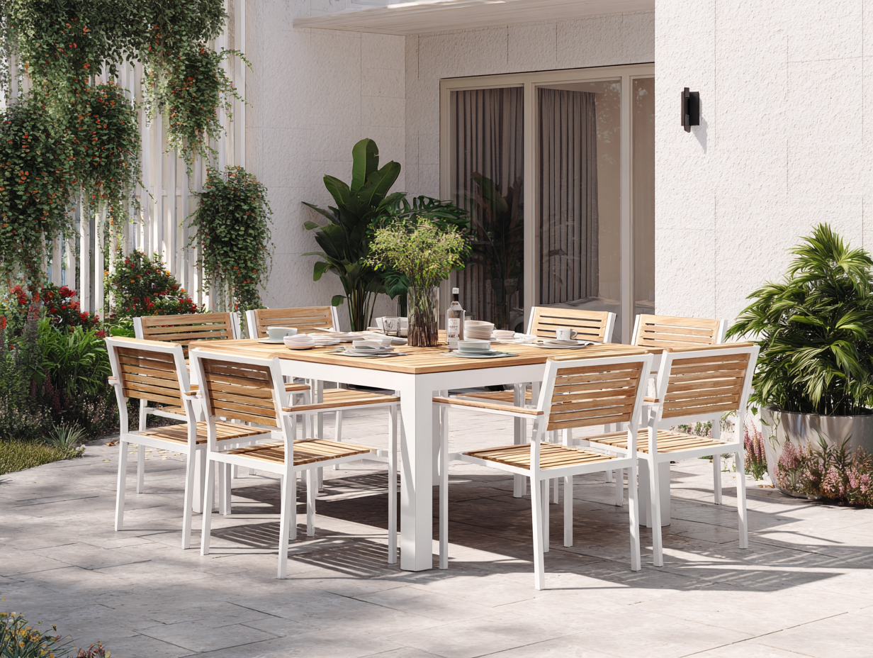 Conjunto de comedor de exterior en madera y metal - mesa 200x200x75cm - blanco/madera natural - para jardín y terraza - diseño moderno