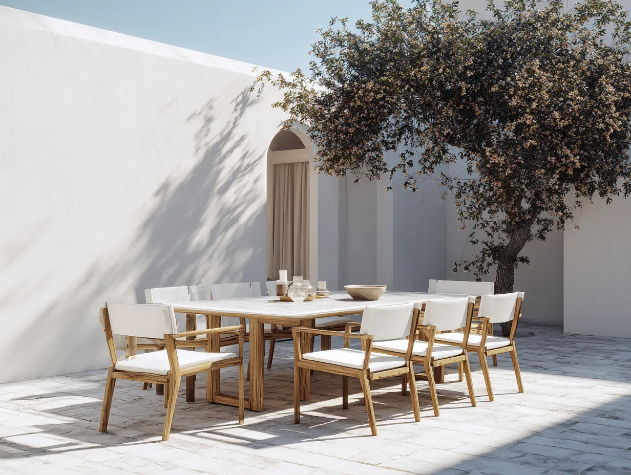 Conjunto de comedor de exterior en madera maciza - mesa 240x130x75cm - blanco/madera natural - para jardín y patio