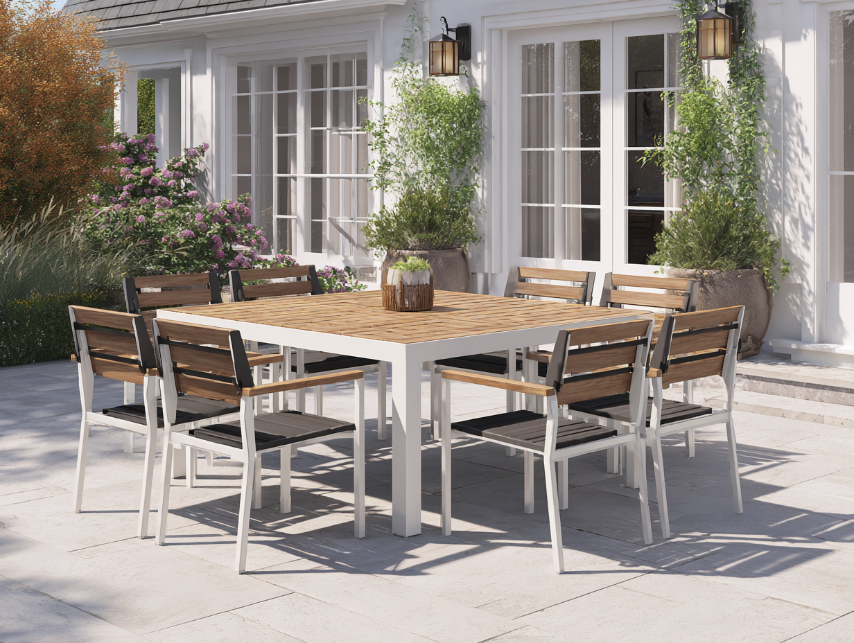 Conjunto de comedor de metal y madera - mesa 200x200x75 cm - blanco/madera - para jardín - conjunto de exterior