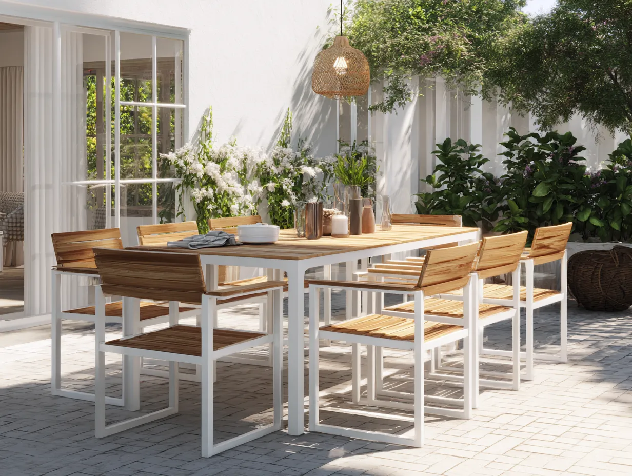 Conjunto de comedor de metal y madera - mesa 220x130x75 cm - blanco/madera - para jardín