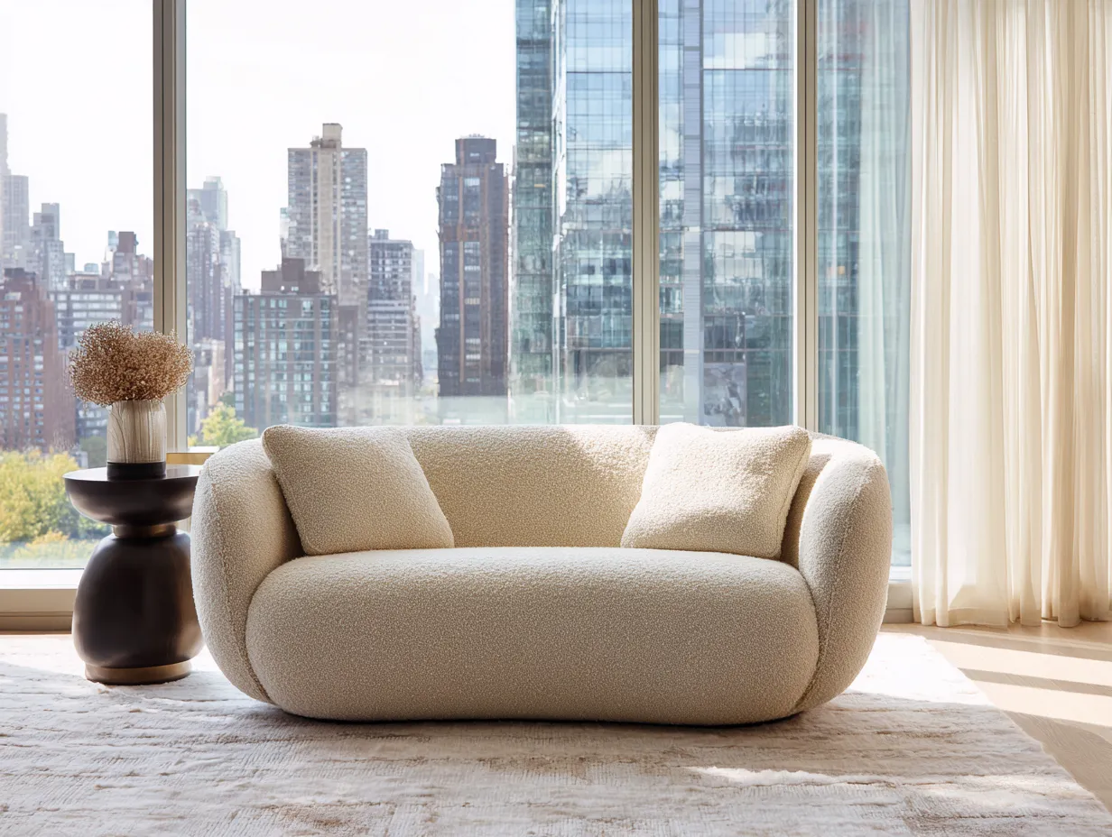 Sofá de 2 plazas tapizado en tela bouclé 160x90x75cm - beige - para salón - diseño moderno envolvente