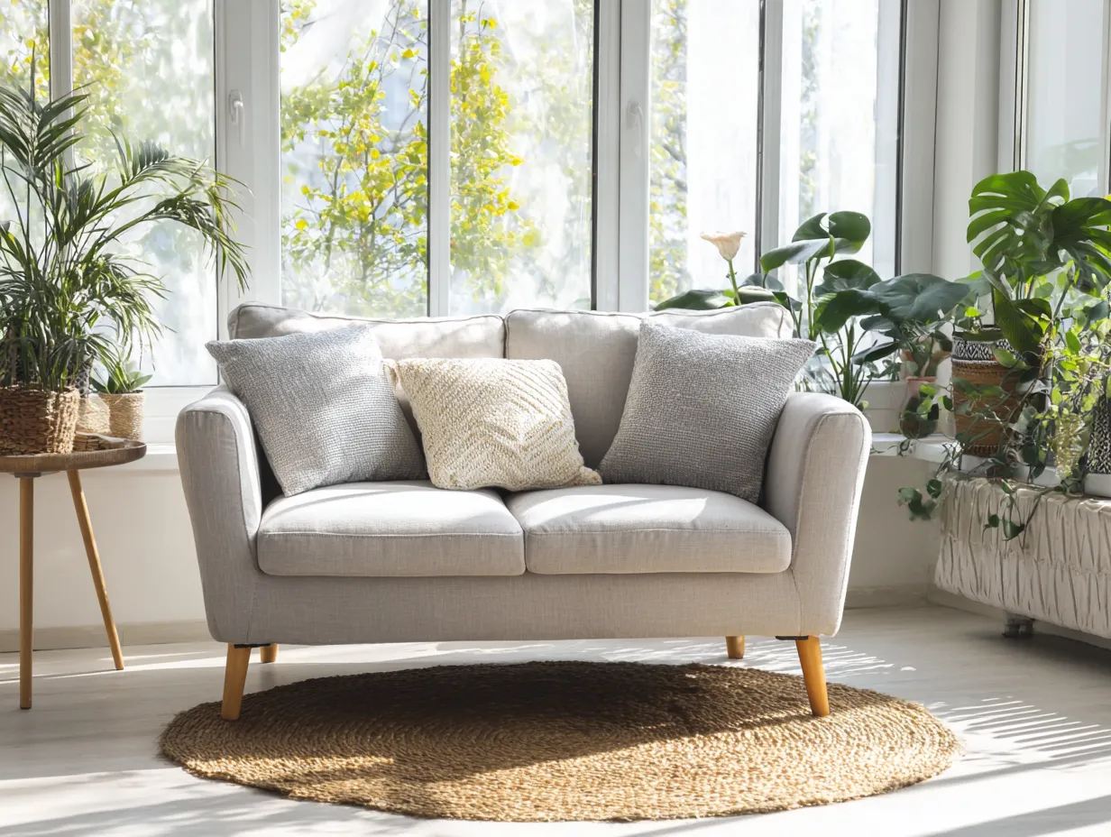 Sofá de 2 plazas tapizado en tela de lino 155x55x50cm - gris claro - para salón - diseño nórdico con asiento cómodo